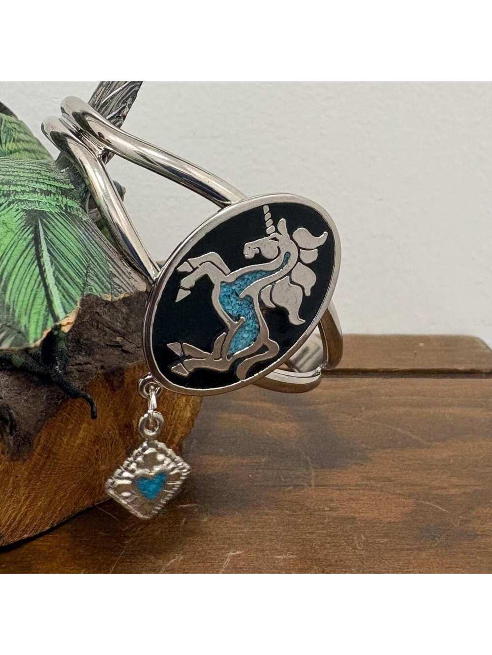 Vintage Silver Tone Unicorn Cuff Bracelet w/ Turquoise Inlay and Heart Charm